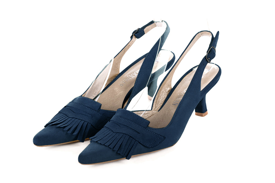 French elegance and refinement for these navy blue dress slingback shoes, 
                available in many subtle leather and colour combinations. Fans of originality will appreciate the fringes and the "Offbeat Rock" side.
To be personalized or not, with your materials and colors.  
                Matching clutches for parties, ceremonies and weddings.   
                You can customize these shoes to perfectly match your tastes or needs, and have a unique model.  
                Choice of leathers, colours, knots and heels. 
                Wide range of materials and shades carefully chosen.  
                Rich collection of flat, low, mid and high heels.  
                Small and large shoe sizes - Florence KOOIJMAN